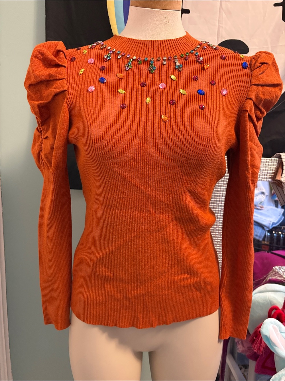 Embellished Puff-Sleeve Ribbed Sweater - Orange